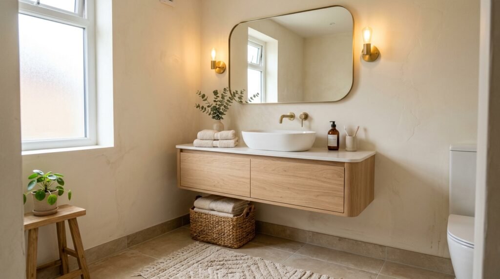 Warm cream bathroom featuring a floating light oak vanity, vessel sink, and rounded brass mirror