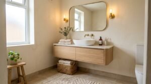 Warm cream bathroom featuring a floating light oak vanity, vessel sink, and rounded brass mirror