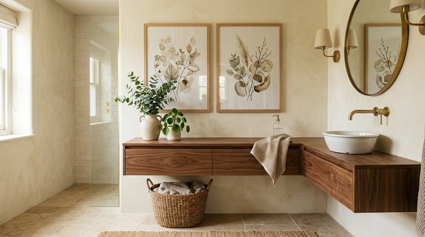 Wall above a floating walnut vanity accented with two large framed botanical art prints in light oak frames