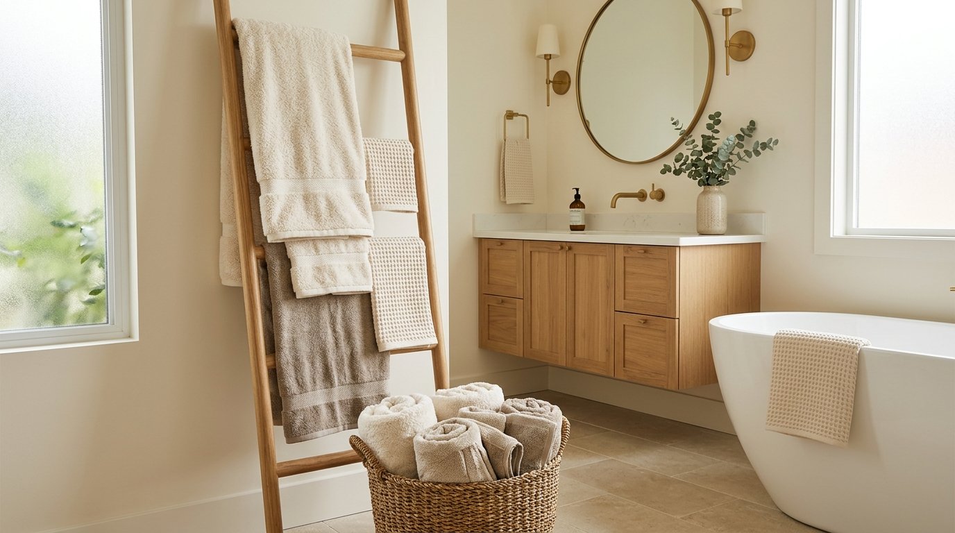Natural wood blanket ladder and woven floor basket overflowing with plush rolled waffle and ribbed beige towels
