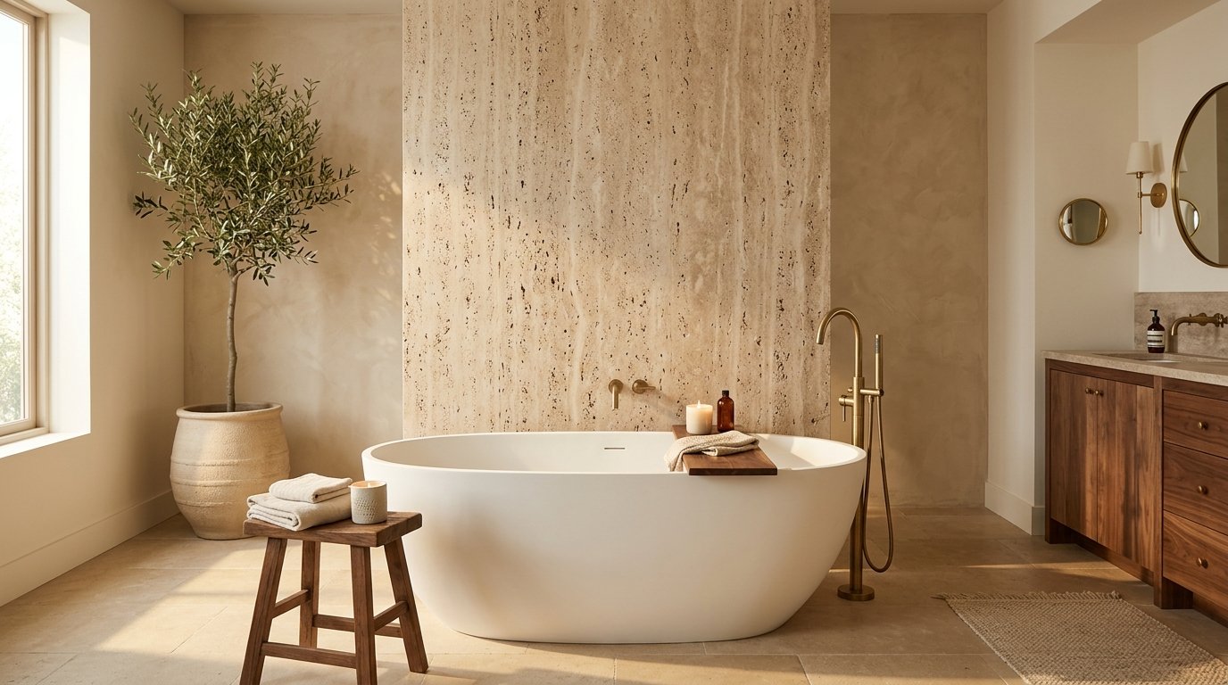 Soaking tub positioned against a full feature wall of warm beige travertine stone with brass wall-mounted plumbing