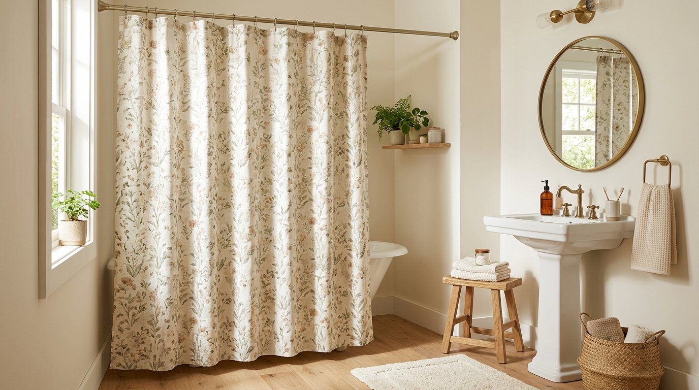 Bathroom with a classic pedestal sink pairing a botanical floral shower curtain with a striped floor mat and textured towel