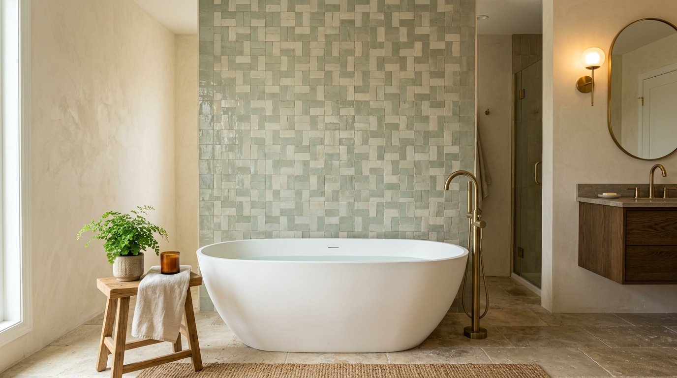 Warm neutral bathroom featuring a plush woven oatmeal bath mat with fringed edges placed on stone floor tile