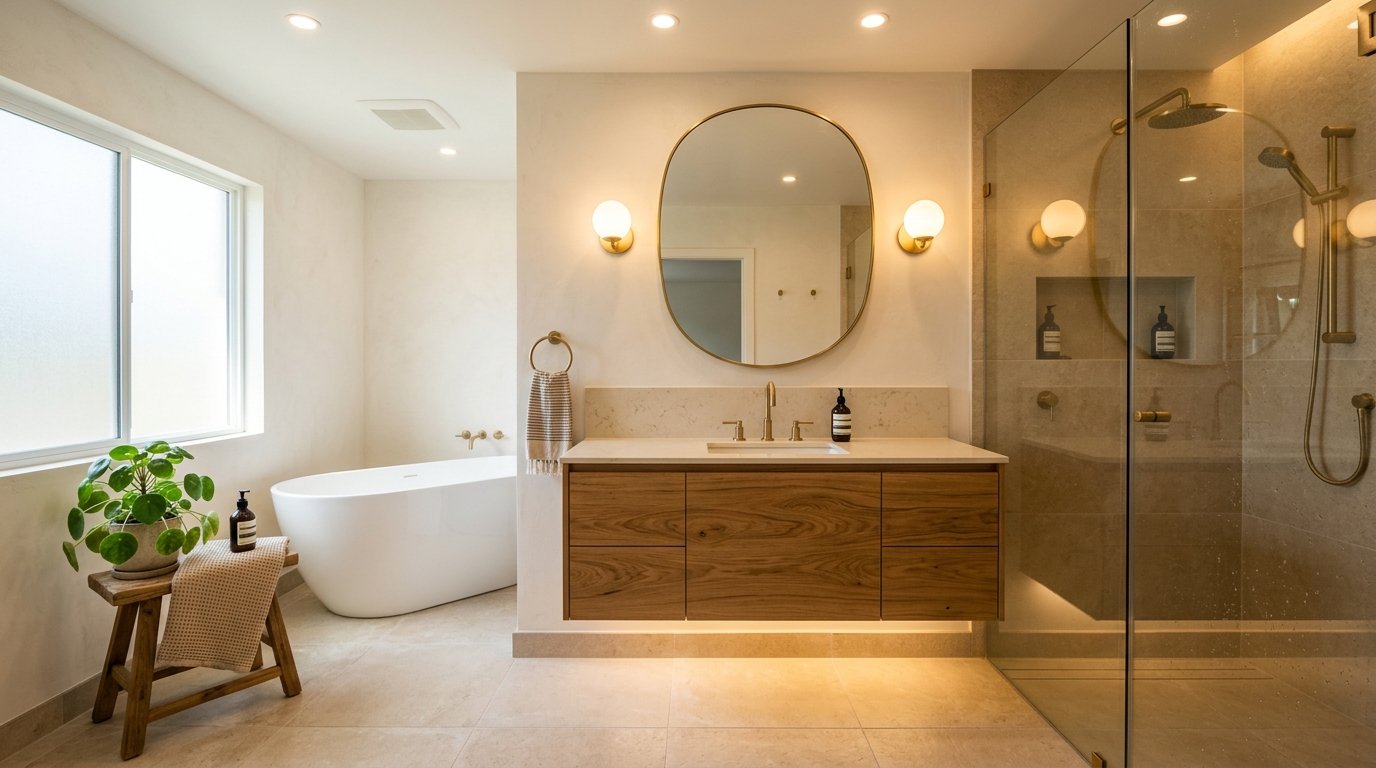 Warm bathroom illuminated by layered lighting including frosted globe vanity sconces and soft under-cabinet LED illumination