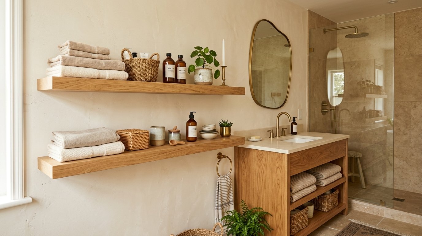 Two thick natural oak floating shelves installed on a beige plaster wall holding rolled towels, woven bins, and amber bottles