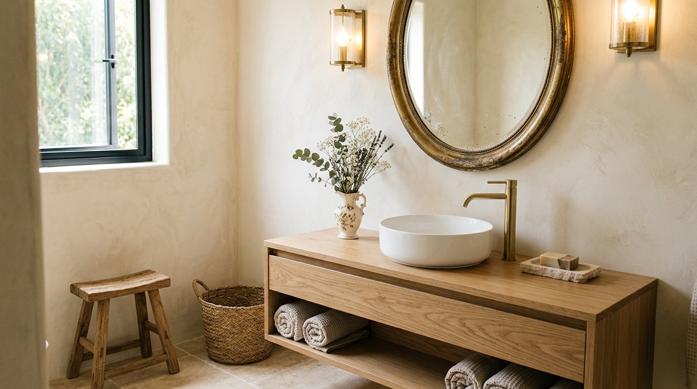 Bathroom vanity corner styled with an ornate antique gilt oval mirror and an aged vintage floral ceramic jug