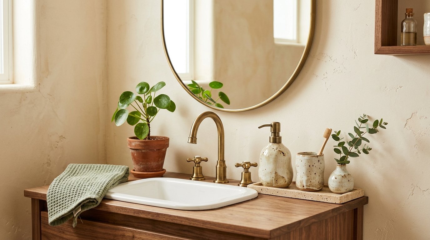 Charming speckled ceramic bathroom countertop set including a soap pump, toothbrush tumbler, and small vase on a stone tray