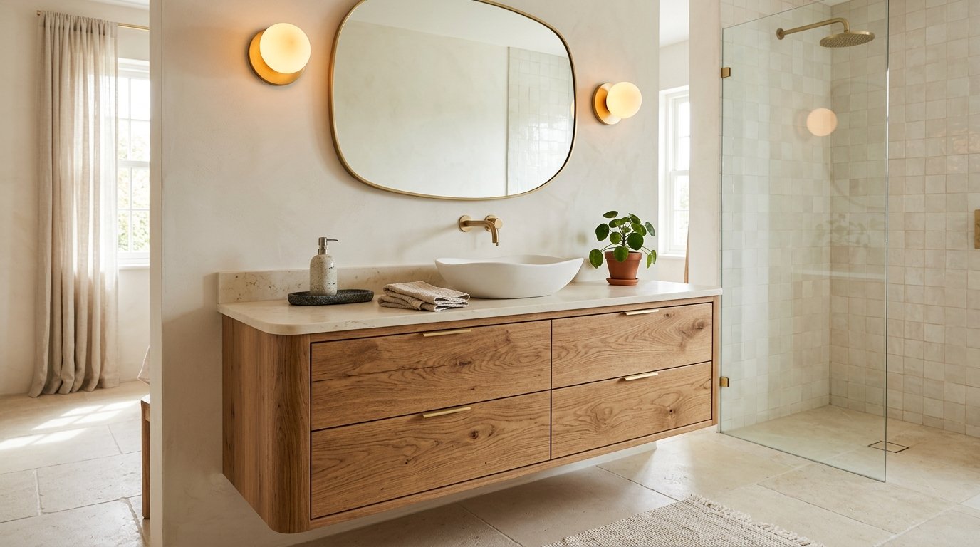Contemporary floating natural oak bathroom vanity with rounded curved corners and a white vessel sink