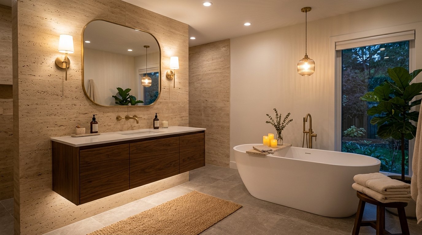 Cozy bathroom illuminated by layered lighting with warm wall sconces, under-vanity LEDs, and a fluted glass pendant
