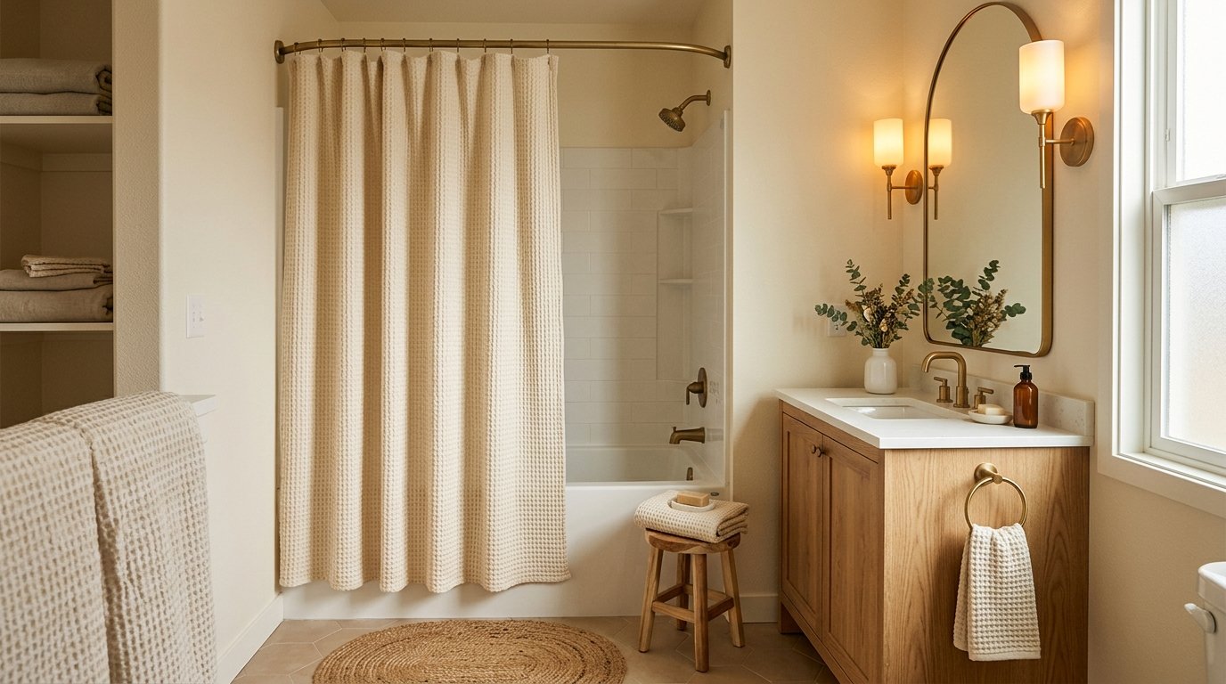 Cozy bathroom with an arched brass mirror and a cream waffle-textured shower curtain draped floor-to-ceiling