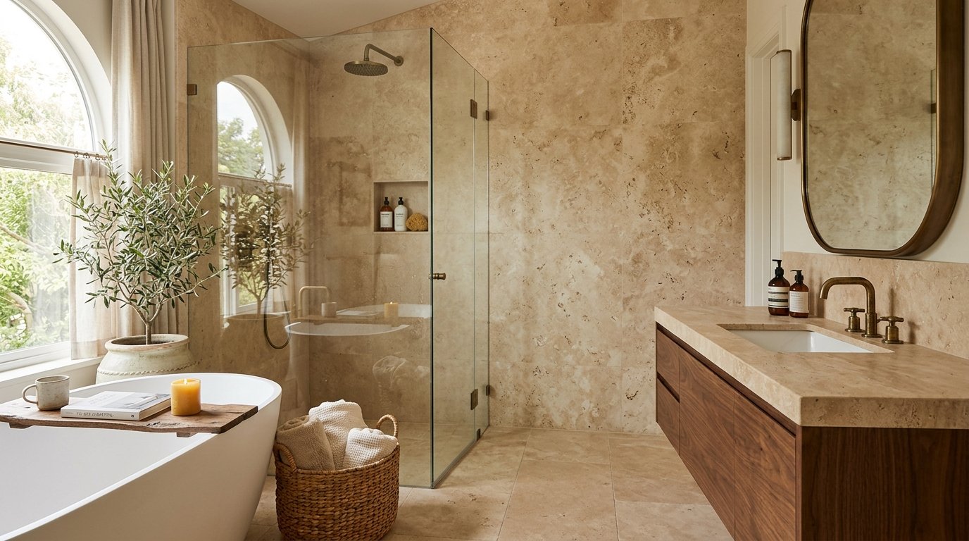 Luxurious bathroom clad in warm beige travertine stone tiles with a floating dark wood vanity and glass shower