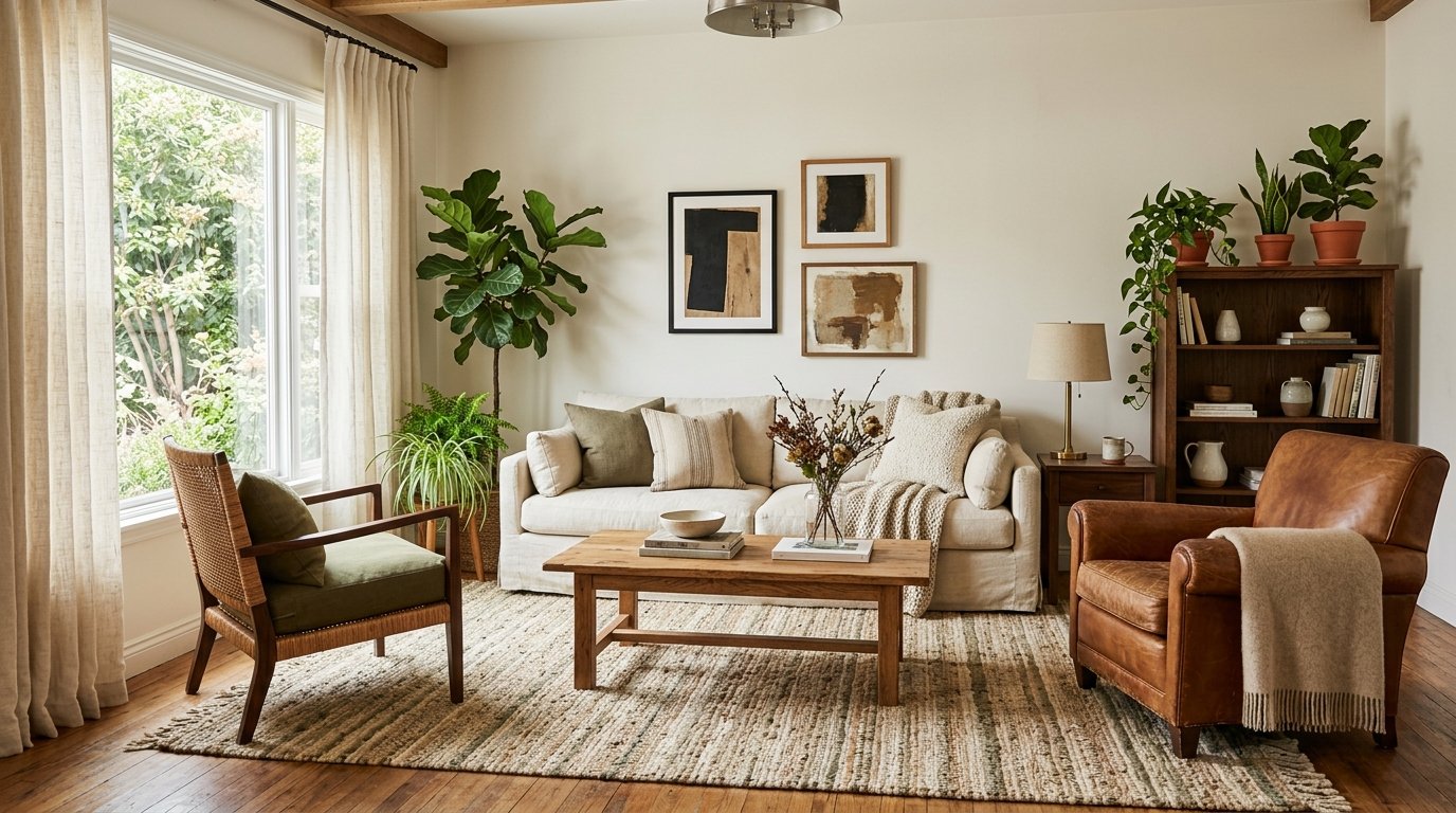 Curated eclectic living room pairing a cream fabric sofa with a worn cognac leather armchair and woven accent chair