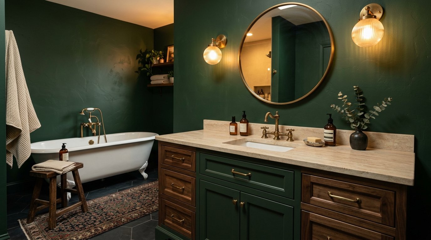 Moody dark green bathroom featuring rich forest green walls, a clawfoot soaking tub, and a vintage runner rug