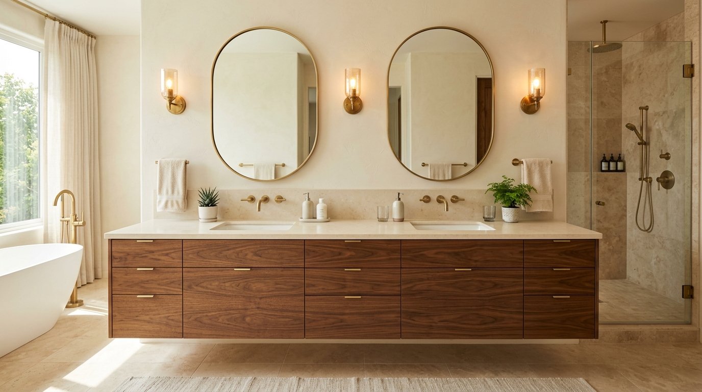 Long floating walnut double vanity with two undermount sinks, twin brass arched mirrors, and fluted glass sconces