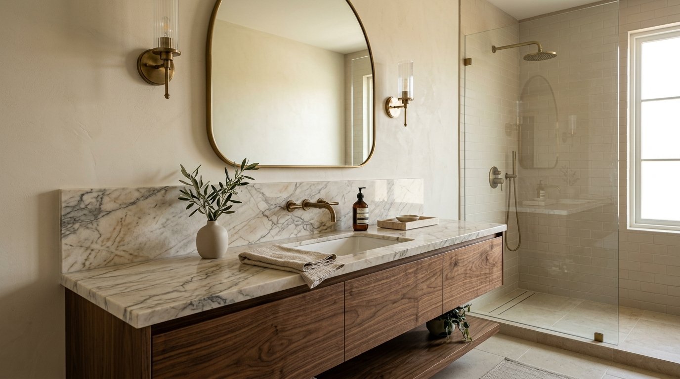Floating walnut bathroom vanity fitted with a thick slab of heavily veined Calacatta marble on the countertop and backsplash