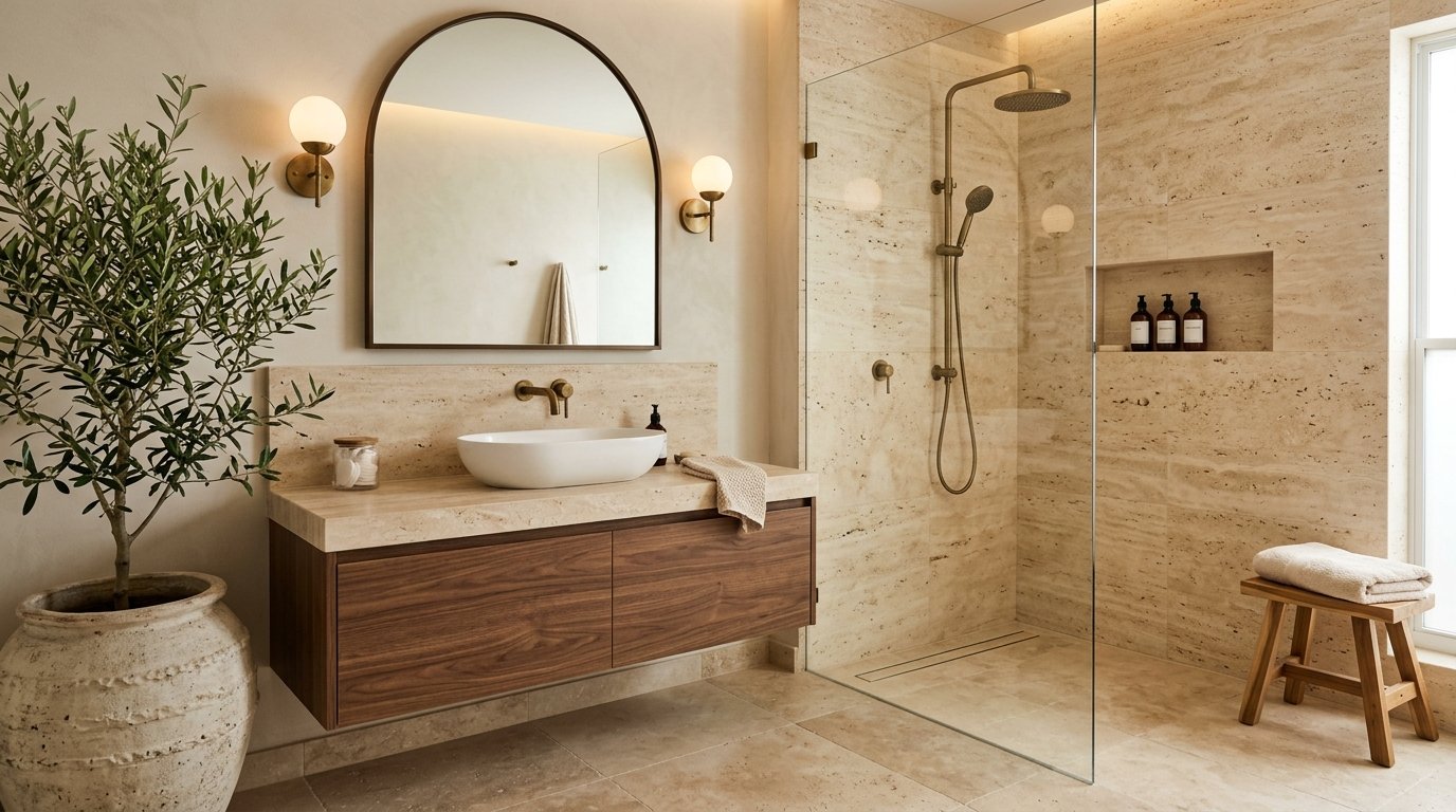 Walk-in shower and vanity area finished in warm honed travertine stone tiles paired with dark walnut cabinetry