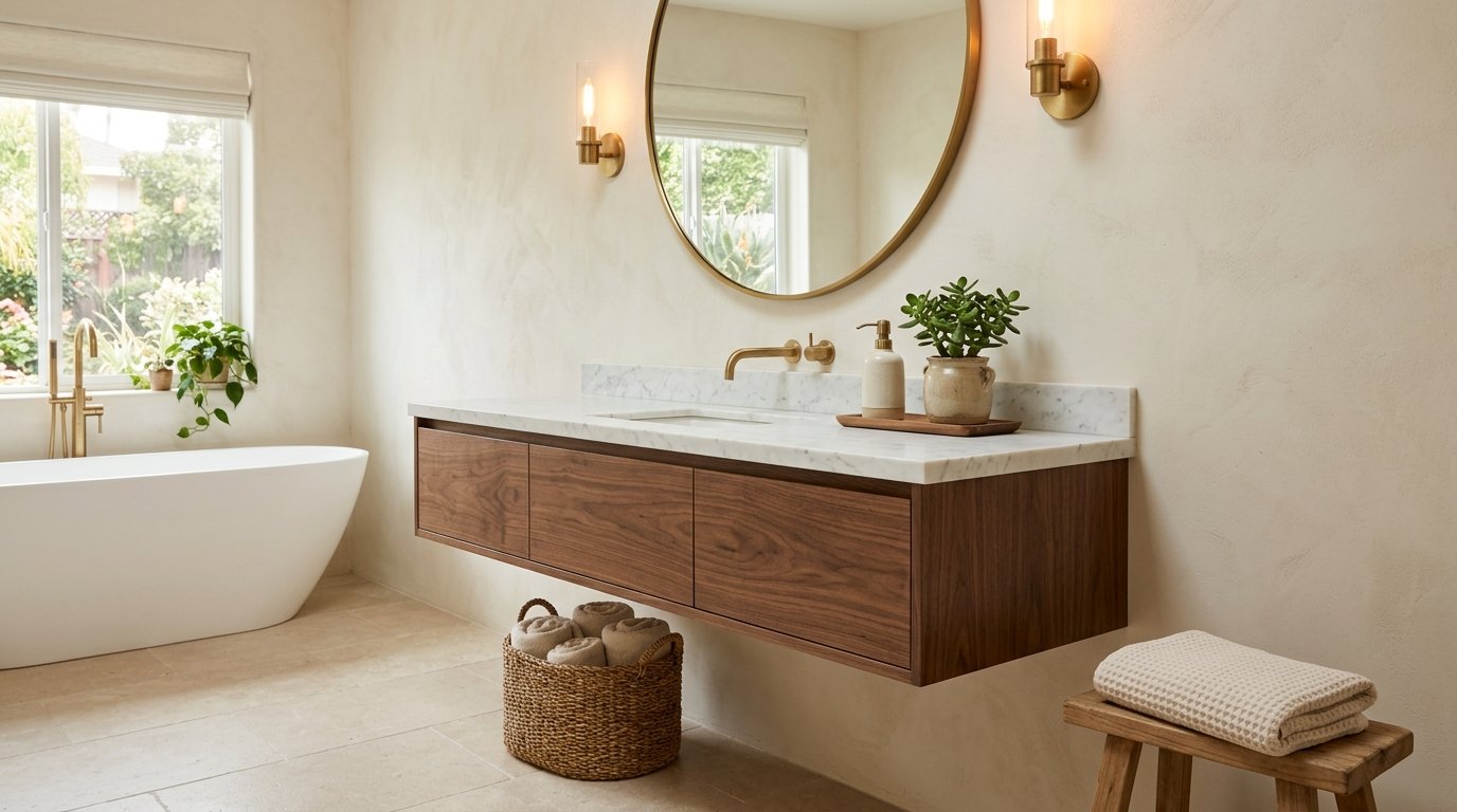 Minimalist white marble bathroom countertop holding only a small wooden tray, soap dispenser, and potted succulent