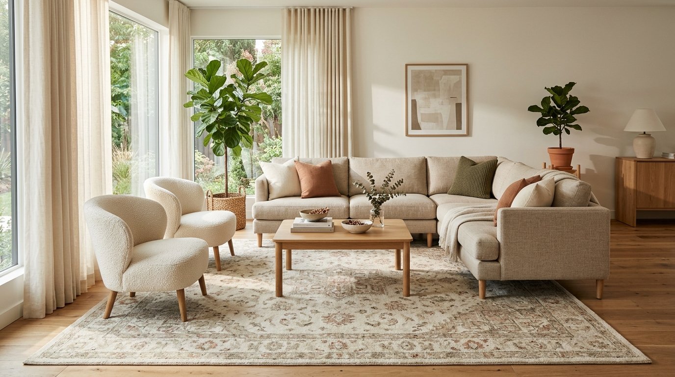 Large patterned area rug anchoring a living room sectional sofa and boucle accent chairs with front legs placed on the rug