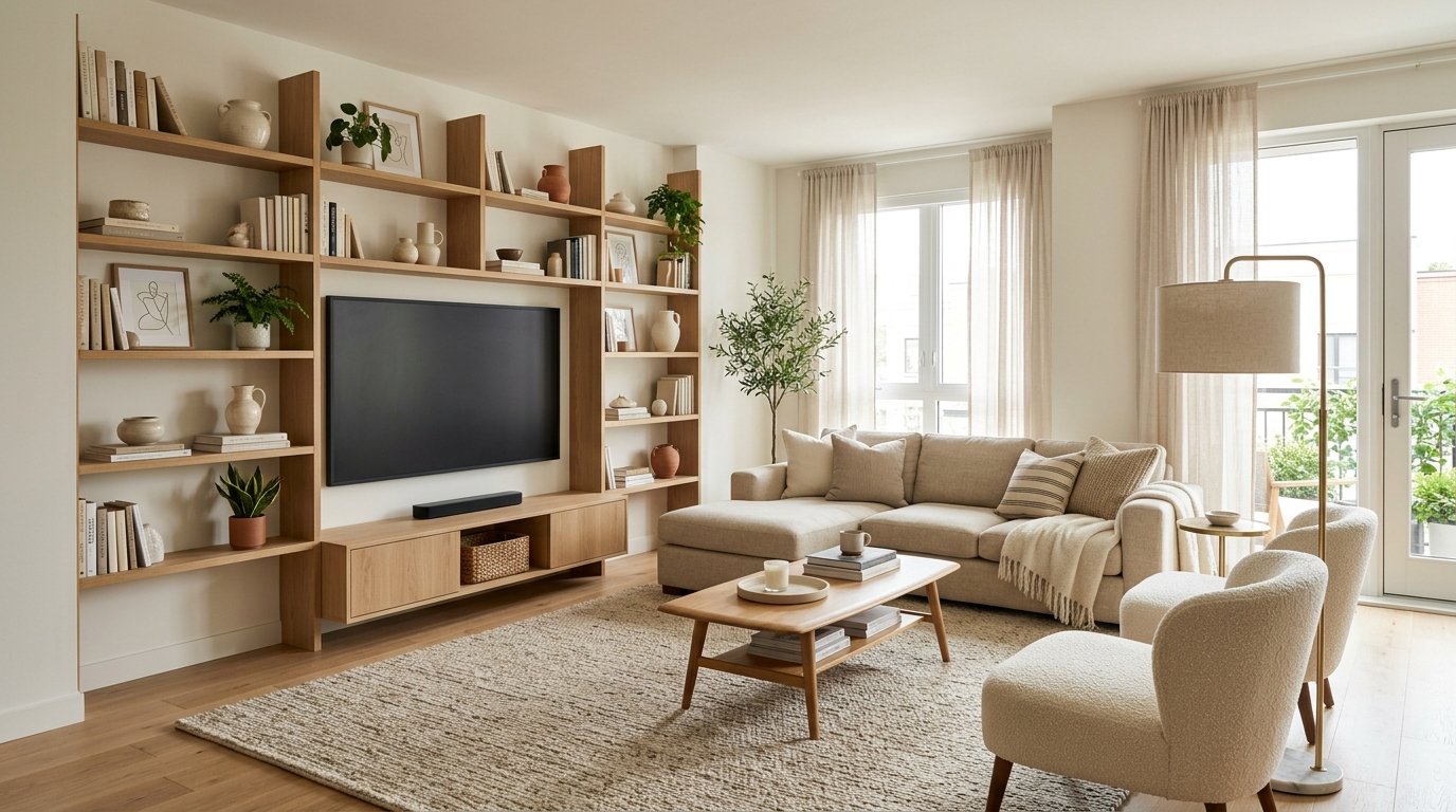 Wall-mounted television seamlessly integrated into an oak media console unit surrounded by open display bookshelves