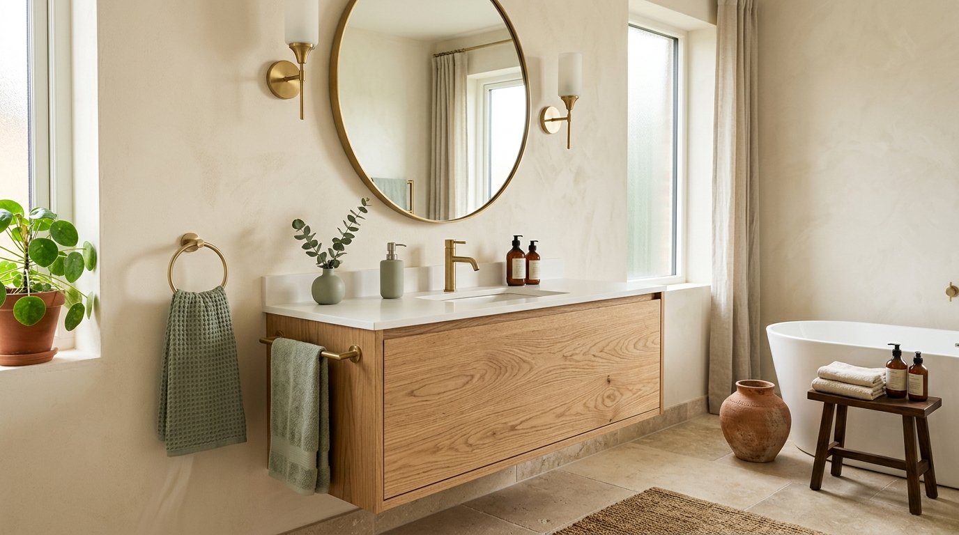 Warm neutral bathroom pairing light oak wood and cream plaster walls with dusty sage green hand towels