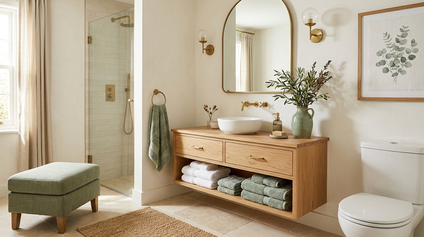 Warm wood vanity area accented with soft sage green hand towels, a sage ceramic vase, and a matching upholstered ottoman