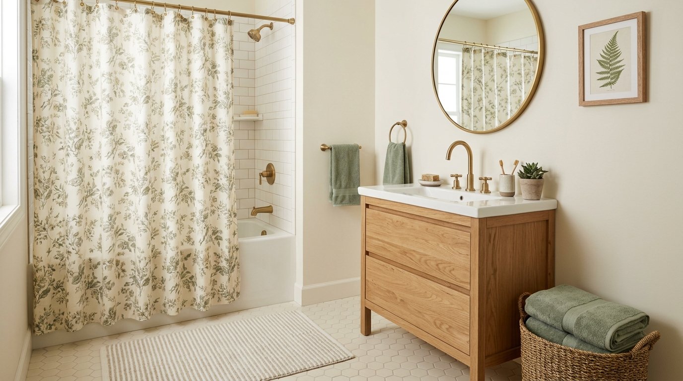 Bathroom shower area styled with a delicate olive green and cream floral patterned shower curtain on a brass rod
