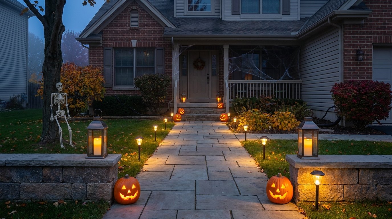 Wide stone front walkway lined with bright solar path lights, candle lanterns, and carved pumpkins with safe, clear access to the door