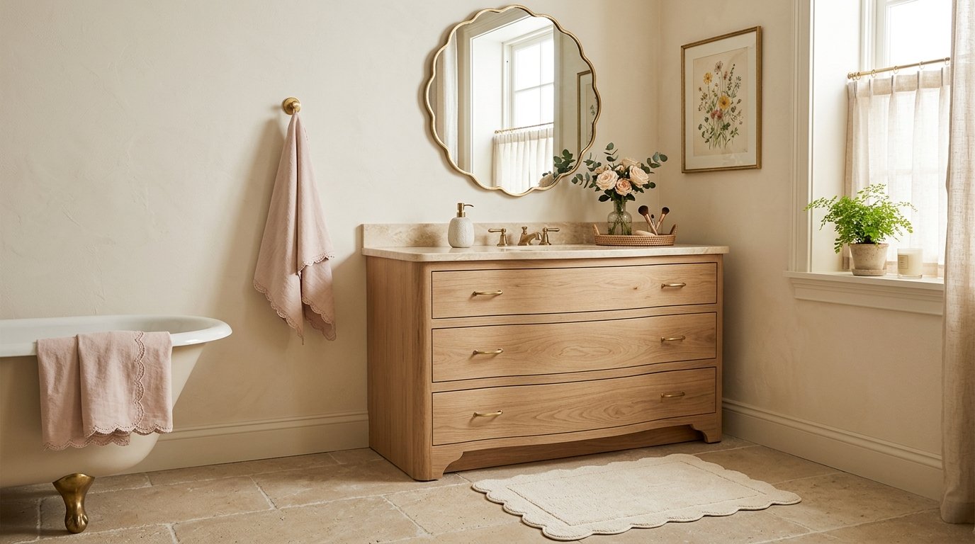 Feminine cottage bathroom styled with a scalloped edge wall mirror, scalloped bath mat, and pale pink embroidered hand towel