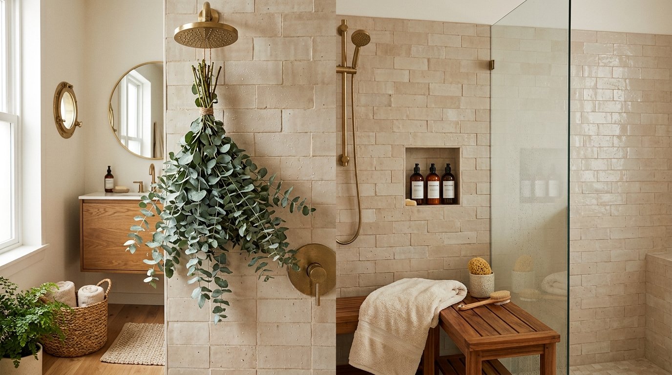 Fresh fragrant eucalyptus bundle tied with natural twine and hung from a brushed brass rainfall showerhead