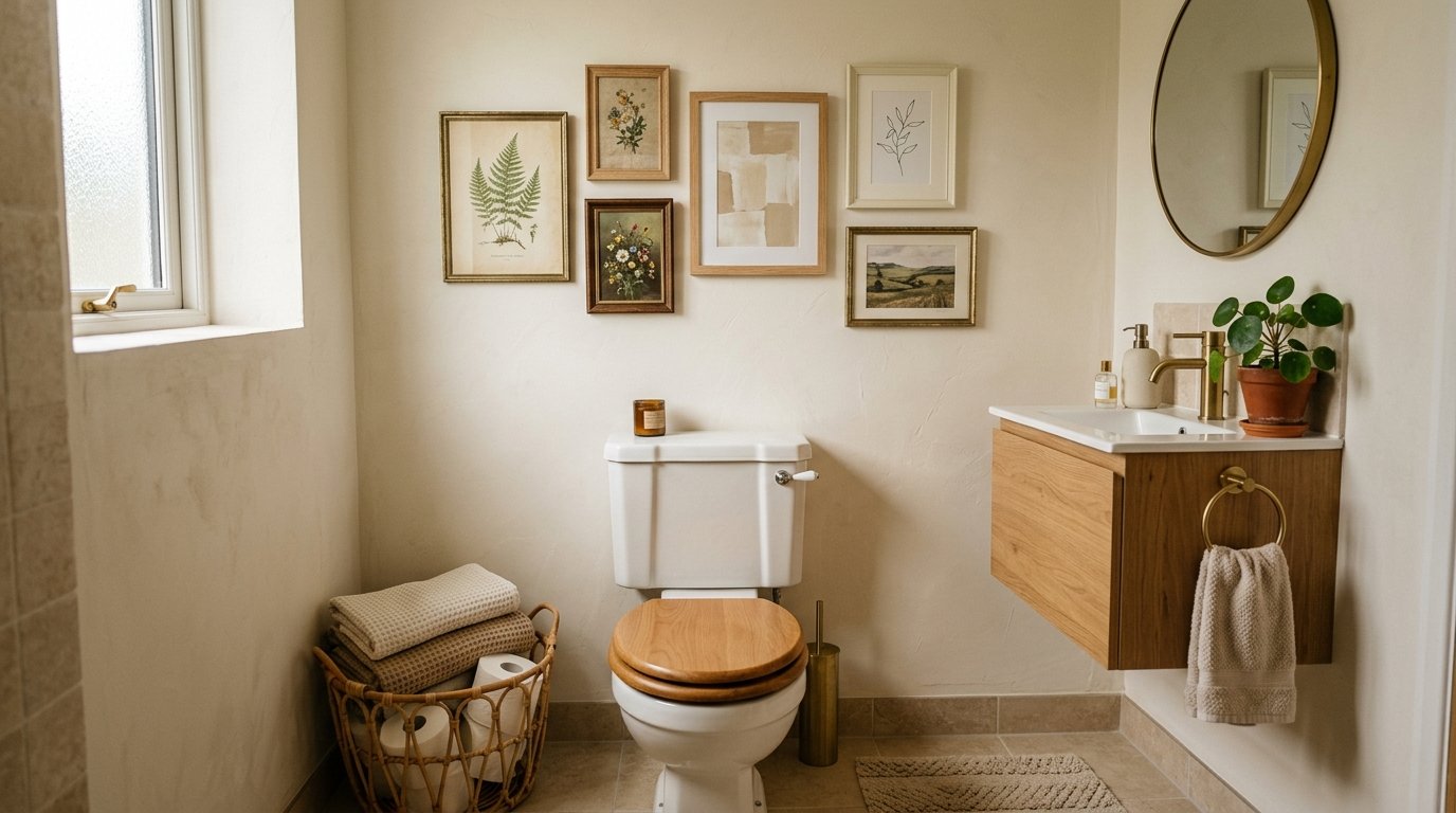 Small bathroom wall above the toilet decorated with a charming mini gallery wall of mismatched botanical and landscape art