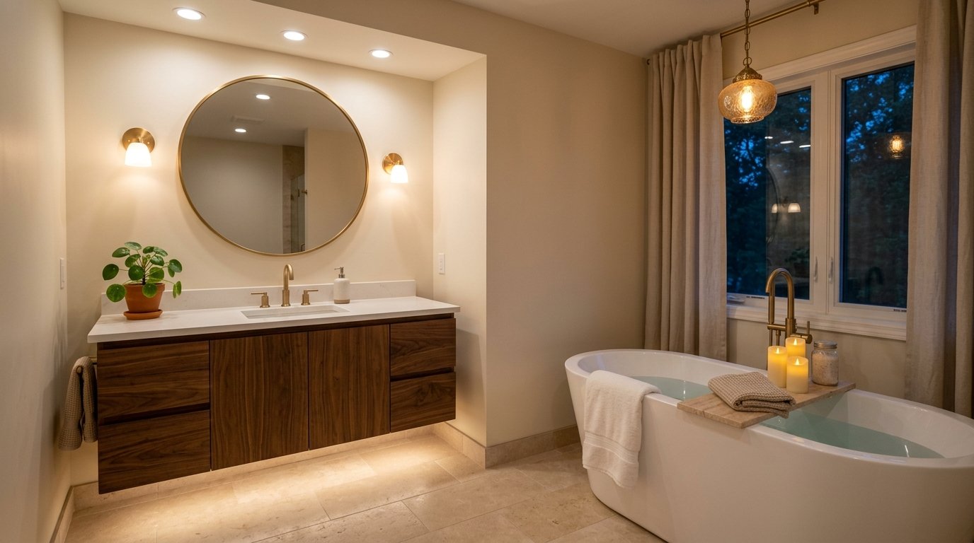Bathroom at twilight with layered lighting from a glowing amber glass pendant, vanity sconces, and under-cabinet LED strips