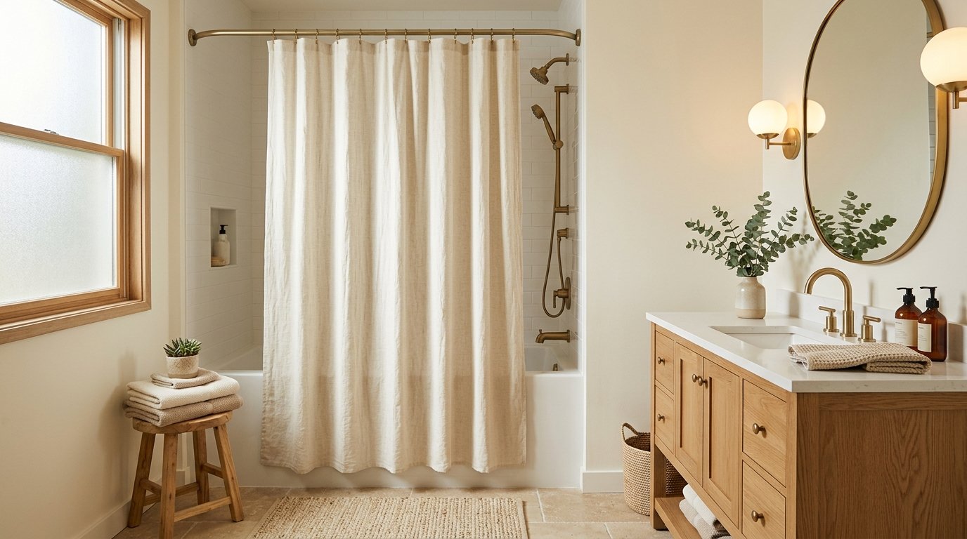Bathroom with warm cream walls, wood vanity, and a textured oatmeal-colored linen shower curtain hung on a brass rod