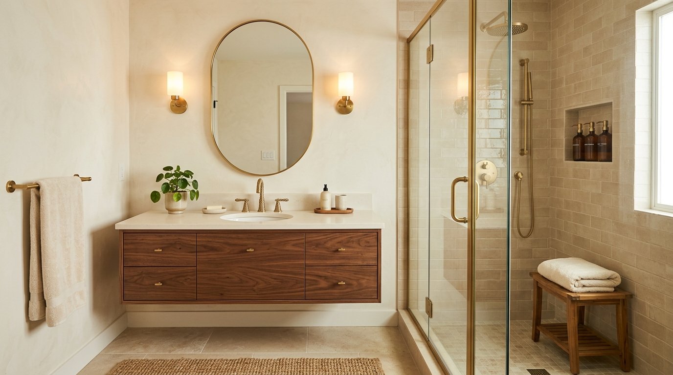 Glass-enclosed walk-in shower and floating vanity accented with matching brushed warm brass fixtures and hardware
