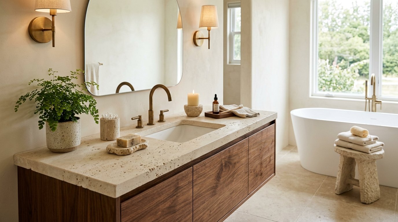 Bathroom vanity with chiseled travertine countertop styled with matching carved stone soap dishes and vanity accessories