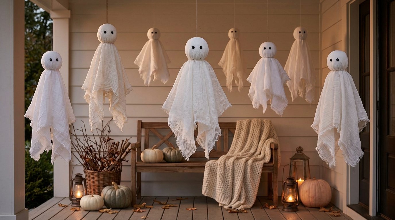 Handmade fabric ghosts with simple button eyes suspended from the ceiling of a wooden front porch