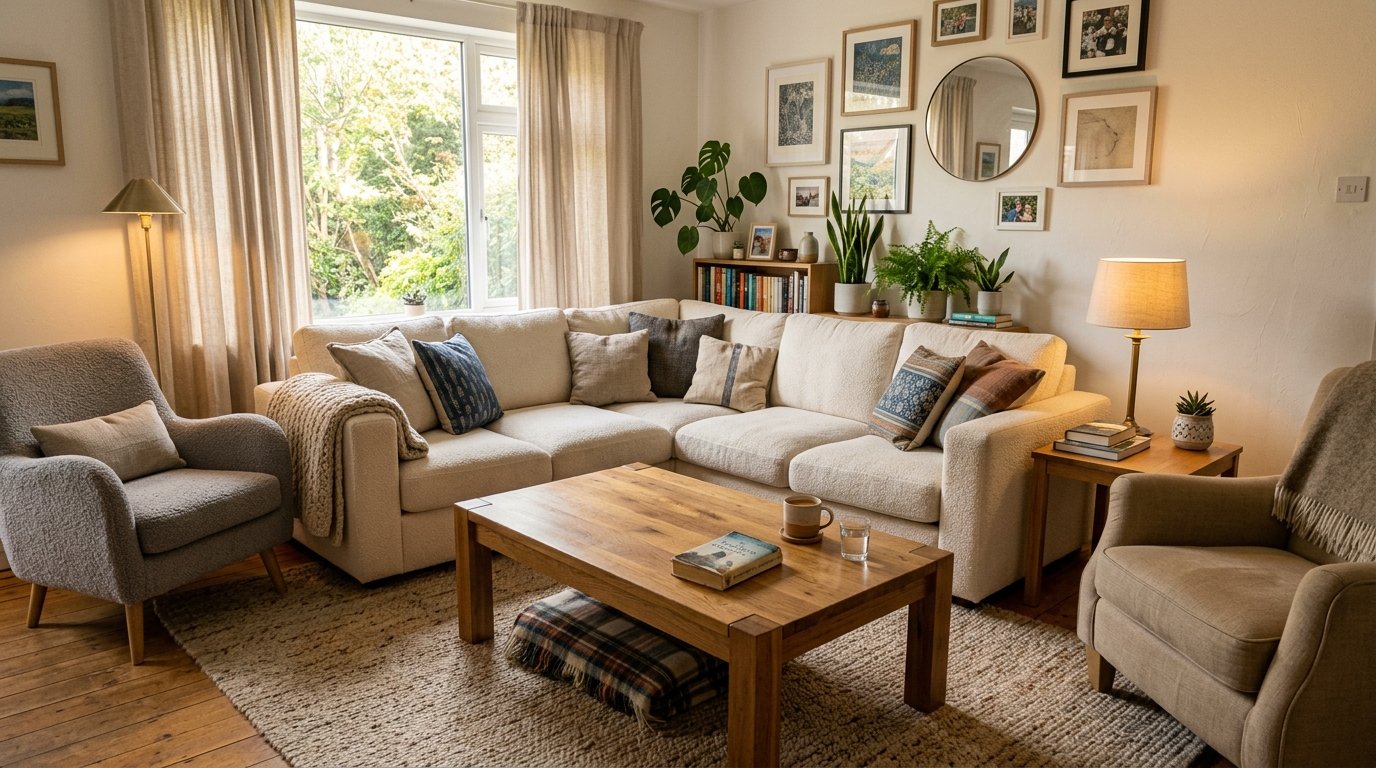 Cozy and practical family living room featuring deep comfortable seating, a sturdy wooden coffee table, and lived-in charm