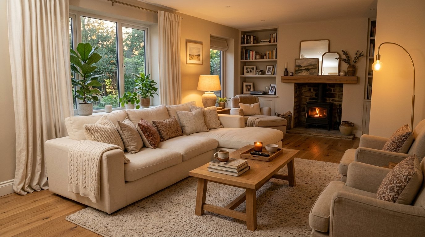 Warm and inviting living room centered around comfort with plush seating, warm floor lamps, and a cozy wood-burning fireplace