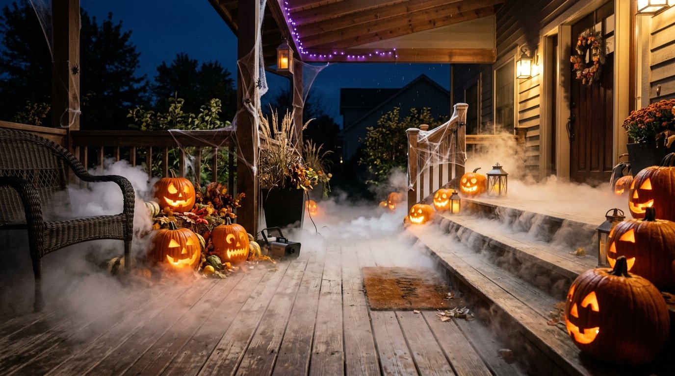 Front porch steps enveloped in dense ground-hugging fog around glowing carved jack-o'-lanterns and cobwebs