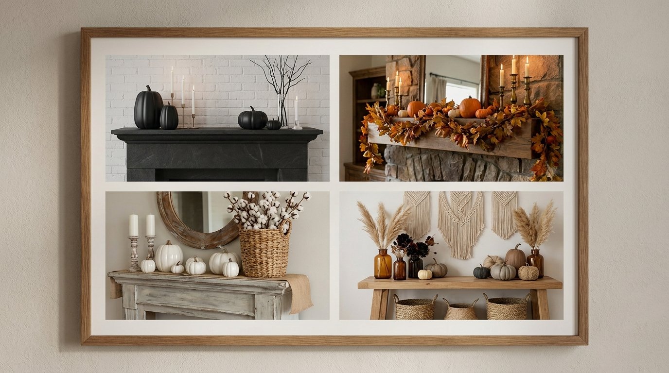 Four-panel interior collage displaying modern black, traditional fall, rustic farmhouse, and boho textured Halloween mantel styles