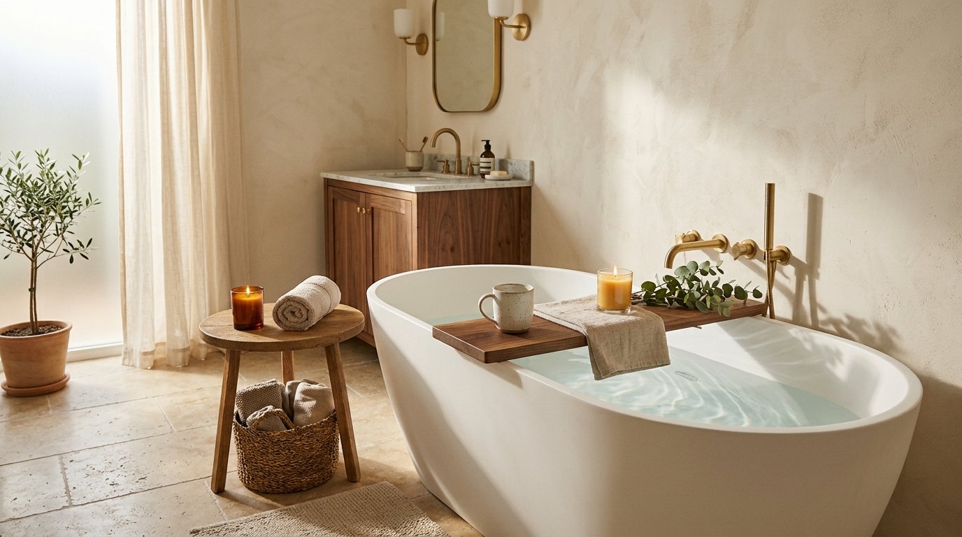 Bathtub relaxation nook with a wooden bath caddy, lit amber candle, ceramic mug, and a wooden accent stool