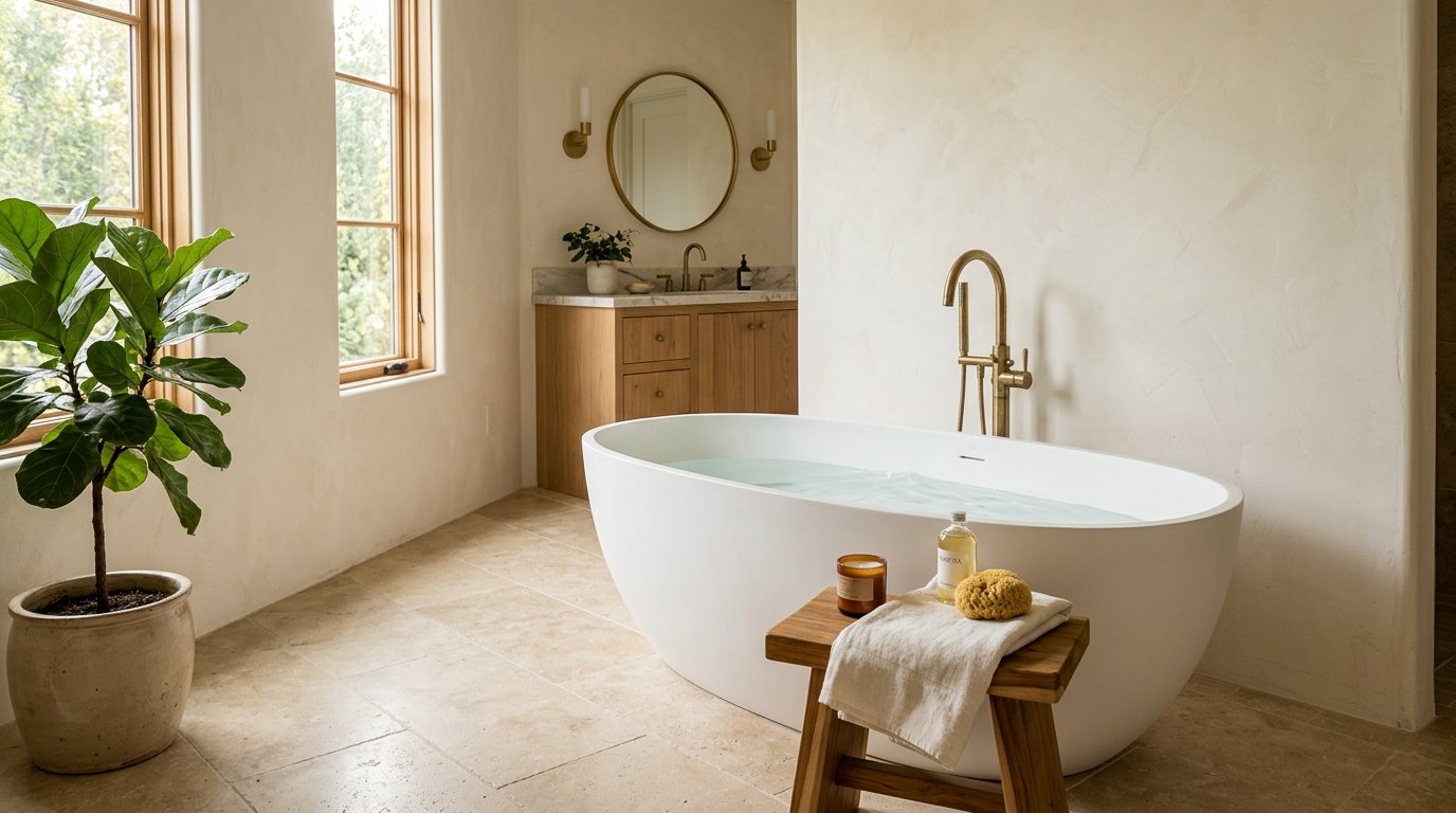 Sculptural white oval freestanding soaking tub set before a large window with garden views and a wooden stool