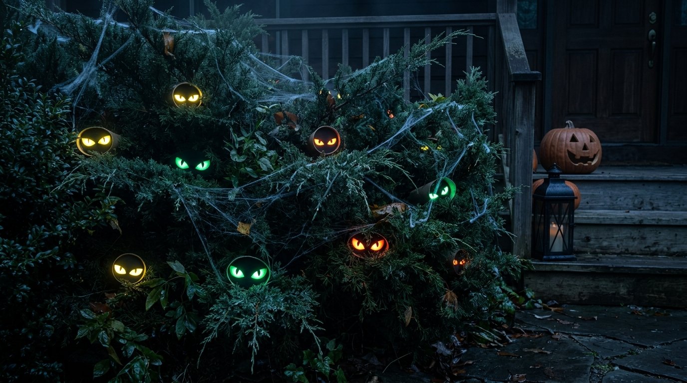 Front yard bushes covered in spiderwebs with glowing pairs of spooky eyes peering out in different colors