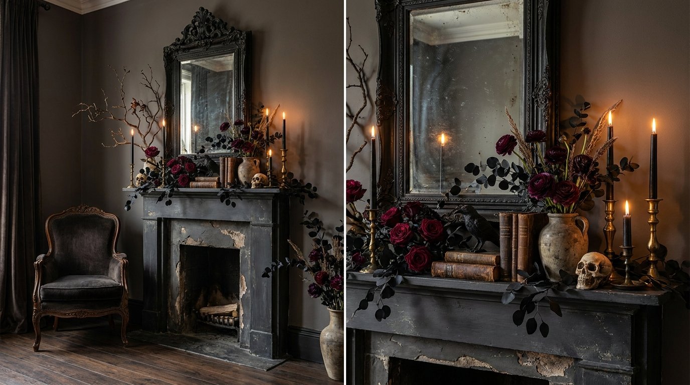 Moody gothic fireplace mantel styled with deep burgundy florals, black candles, vintage books, skulls, and a distressed black mirror