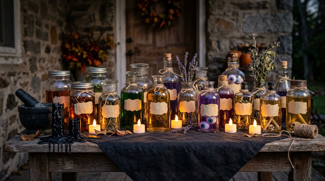 Rustic wooden outdoor table arranged with vintage potion bottles, glass jars filled with herbs, eyeballs, and glowing tea lights