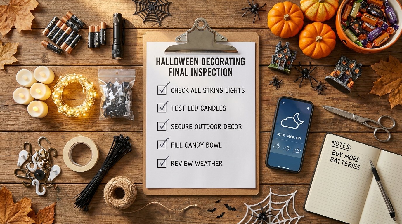 Top-down view of a wooden workbench with a printed Halloween inspection checklist, spare batteries, zip ties, command hooks, and fairy lights