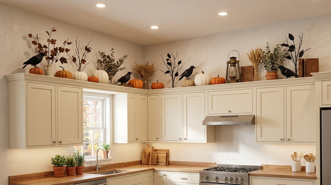 Tops of upper kitchen cabinets styled with dried wheat, faux black crows, heirloom pumpkins, and an antique lantern
