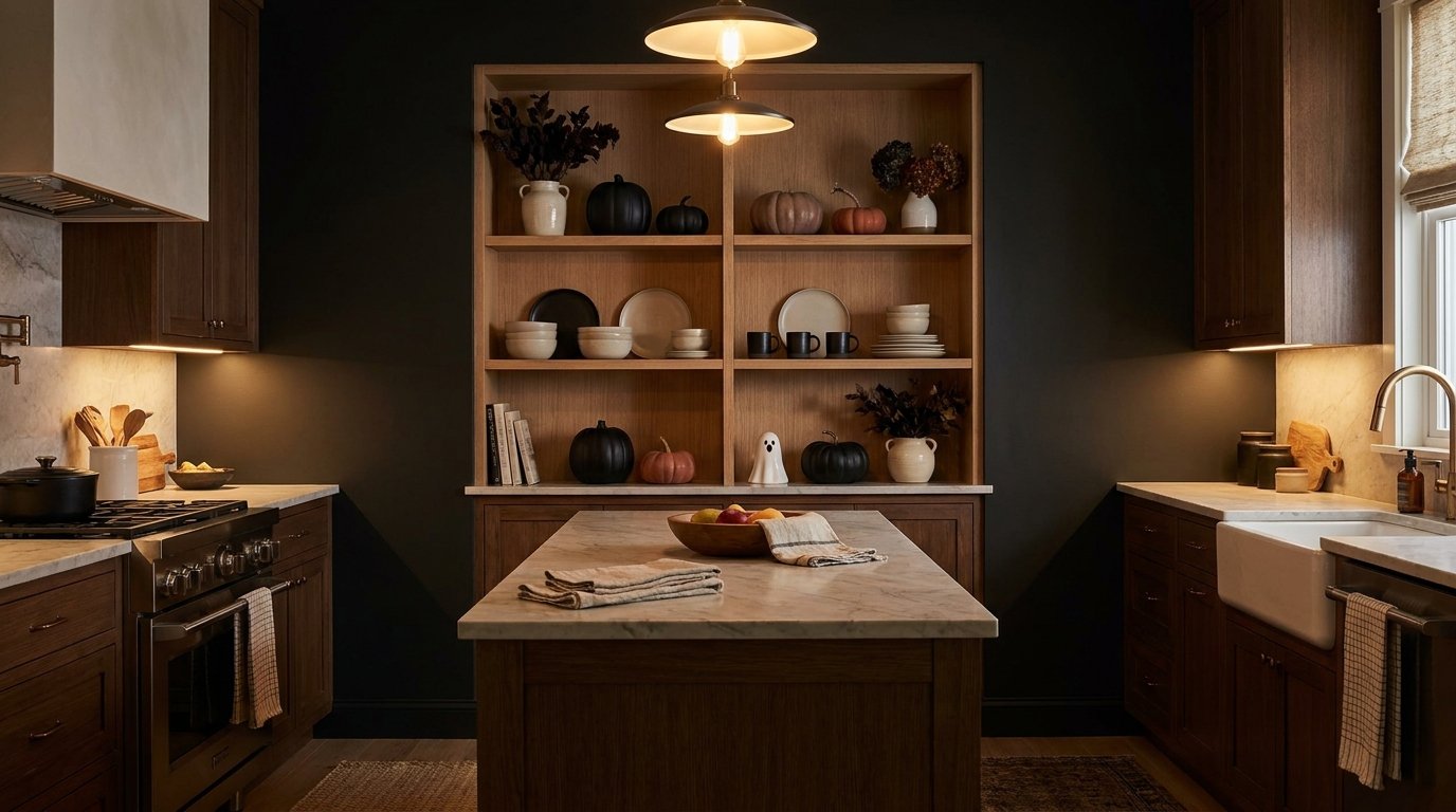 Dark kitchen wall centered on a large recessed wood hutch styled with black pottery, matte pumpkins, and hanging pendant lights
