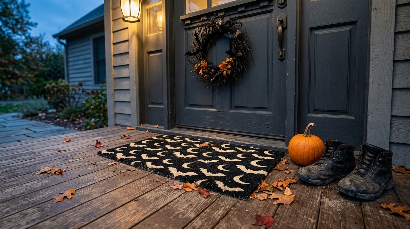 Front doorstep styled with a black and coir bat pattern doormat, small orange pumpkin, boots, and a branch wreath