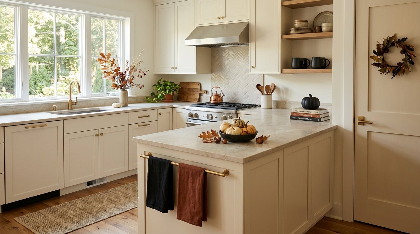 Cream shaker kitchen island featuring a bowl of heirloom gourds, autumn dish towels, and a subtle black ceramic pumpkin