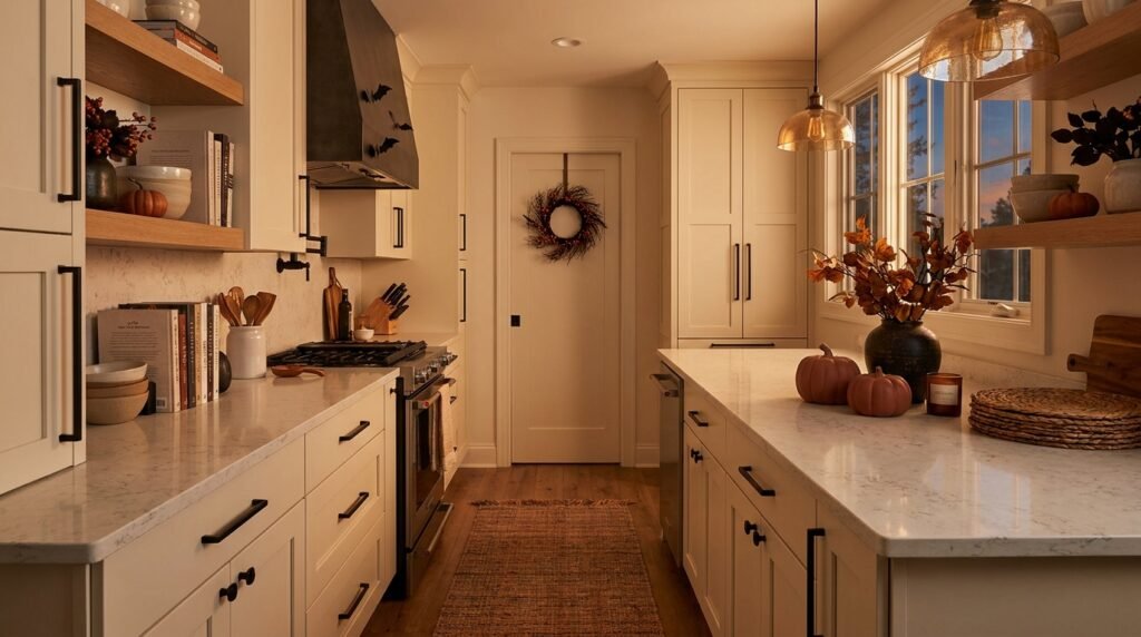 Warm modern kitchen styled with a balanced Halloween color palette of matte black hardware, cream cabinets, and muted terracotta pumpkins